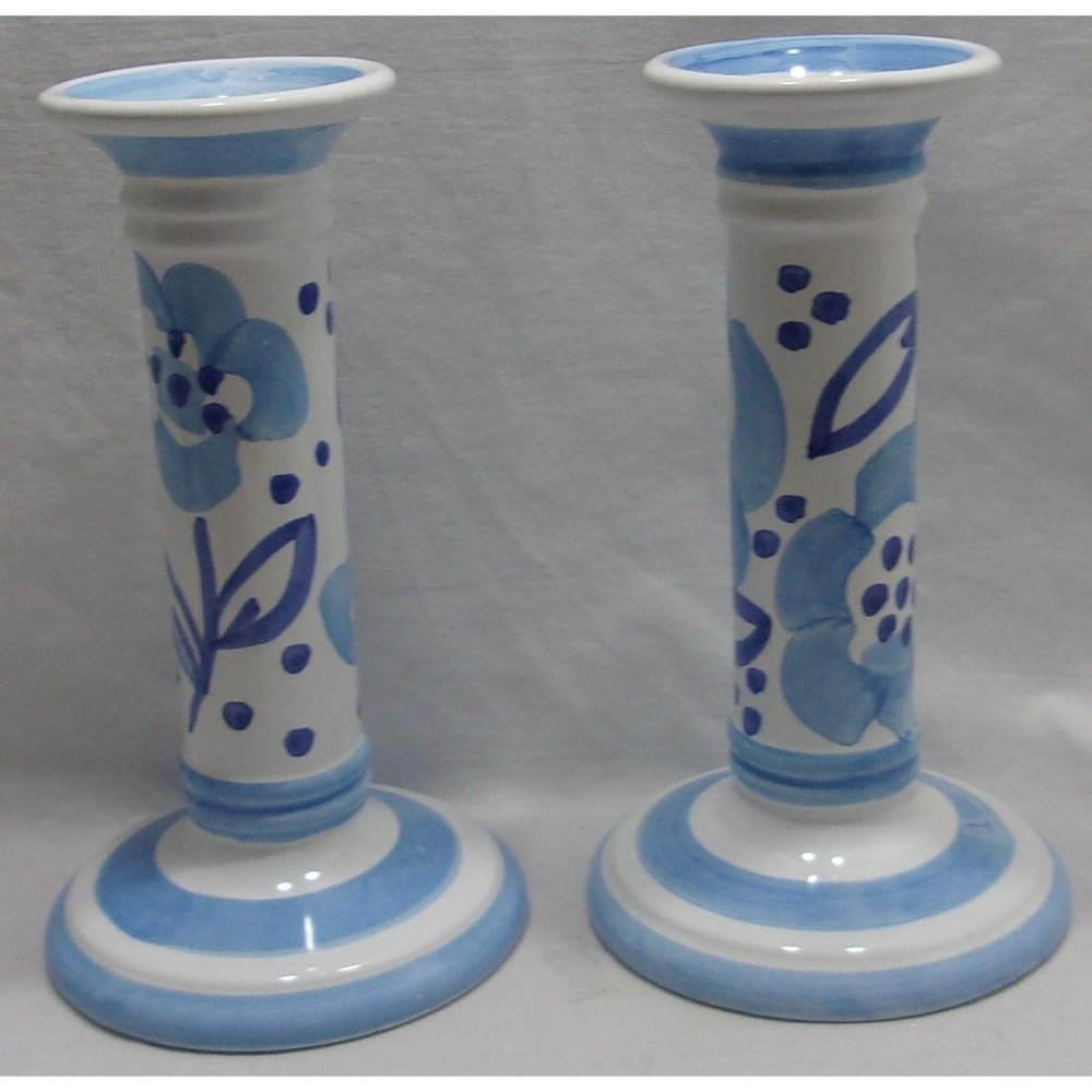 Pair of Bellini Italy Pretty Blue/White Candlesticks Candle Holders 8"